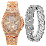 NEW Luxury Top Brand  2pcs Gold Colour Cuban Chain Male Bling Iced Out Wristwatch Bracelet for Men - The Jewellery Supermarket