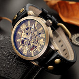 NEW - Mens Gold Mechanical Skeleton Steampunk Genuine Leather Watch - The Jewellery Supermarket