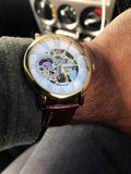 NEW - Luxury Men Gold Hollow Engraving Black Leather Skeleton Mechanical Watches - The Jewellery Supermarket