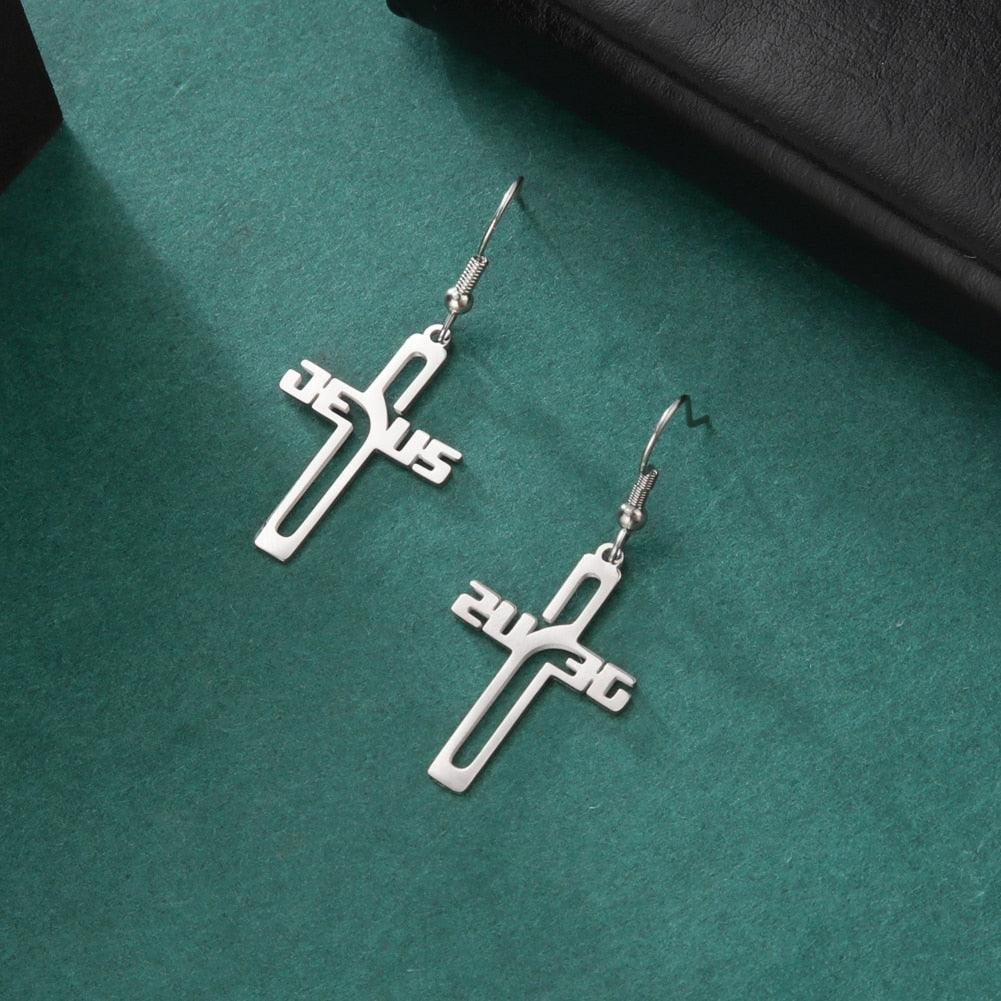 Stainless Steel Christian Jesus Cross Dangle Drop Earrings for Women - Religious Jewellery - The Jewellery Supermarket