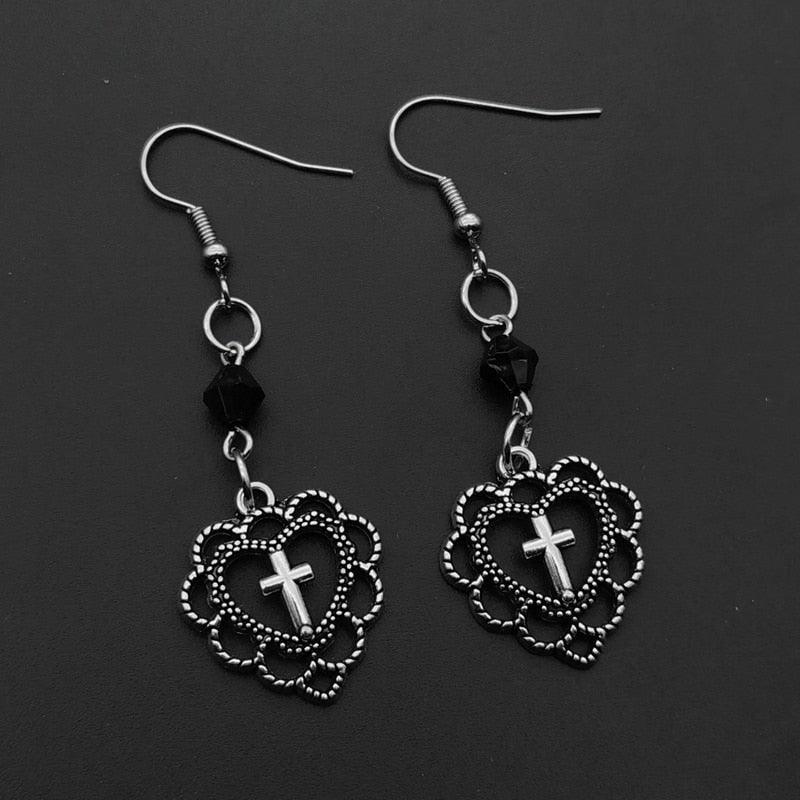 Gothic Punk Style Hollow Heart Cross Pendant Earrings - Christian Dark Art Goth Jewellery Earrings for Women - The Jewellery Supermarket