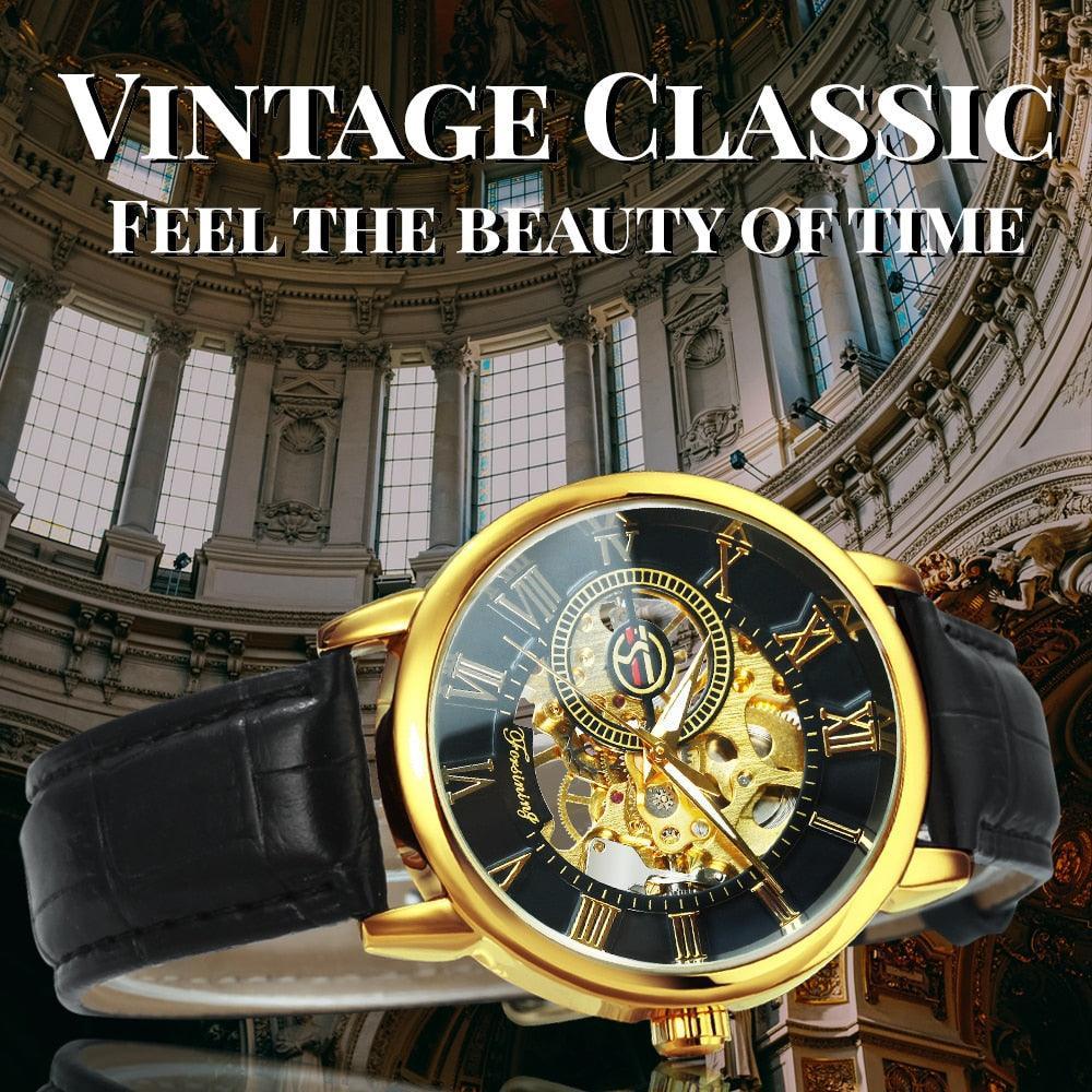 NEW - Luxury Mens Gold Mechanical Skeleton Leather Forsining 3d Hollow Watch - The Jewellery Supermarket