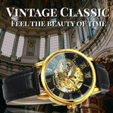 NEW - Luxury Mens Gold Mechanical Skeleton Leather Forsining 3d Hollow Watch - The Jewellery Supermarket