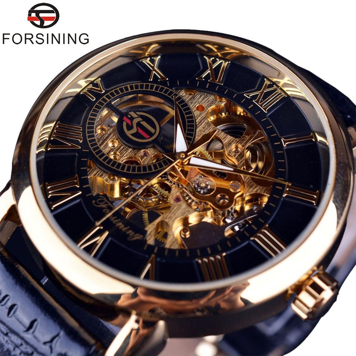 Luxury Men Gold Hollow Engraving Black Leather Skeleton Mechanical Watches - The Jewellery Supermarket