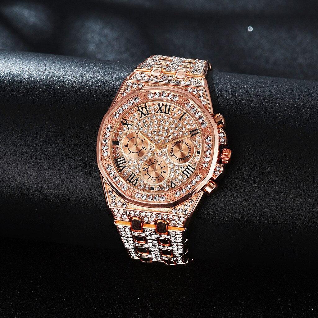NEW Luxury Top Brand  2pcs Gold Colour Cuban Chain Male Bling Iced Out Wristwatch Bracelet for Men - The Jewellery Supermarket