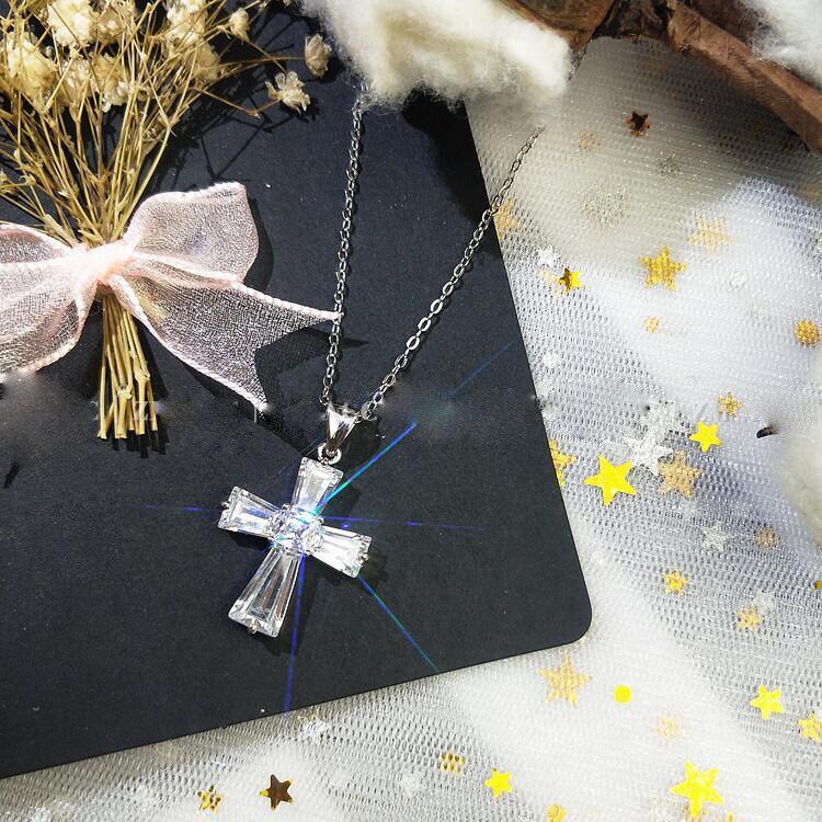 Charming Silver Colour Luxury Women White Crystal Pendant Necklace - Cute Cross Religious Necklace - The Jewellery Supermarket