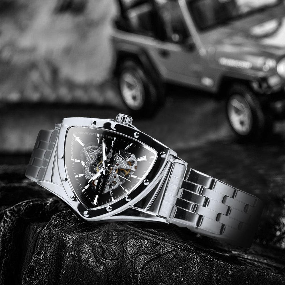 NEW - Luxury Men Gold Black Triangle Skeleton Automatic Mechanical Wristwatch Irregular Watch - The Jewellery Supermarket