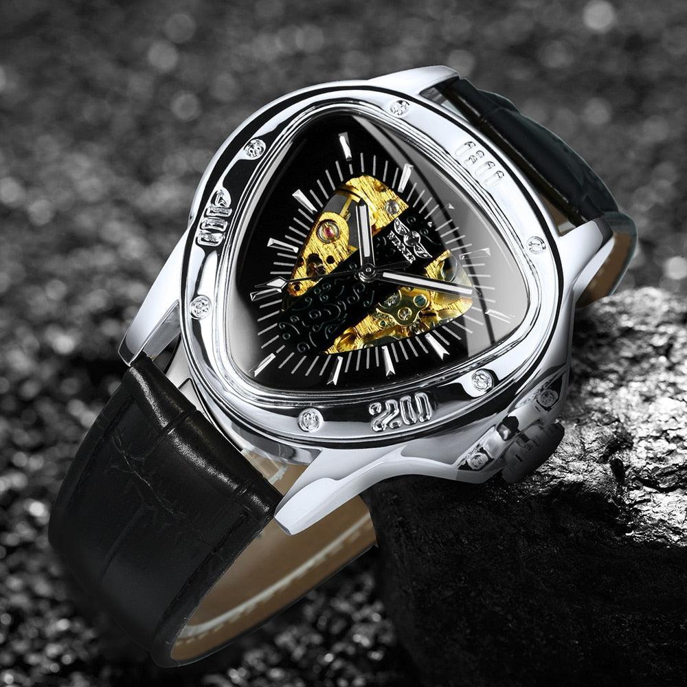 NEW - Men Golden Triangle Skeleton Mechanical Automatic Sport Watch - The Jewellery Supermarket