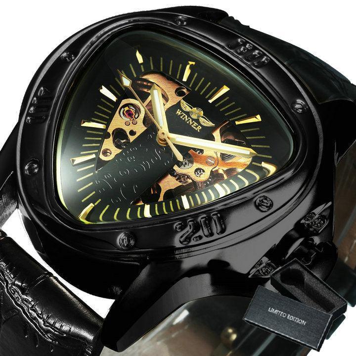 NEW - Men Golden Triangle Skeleton Mechanical Automatic Sport Watch - The Jewellery Supermarket