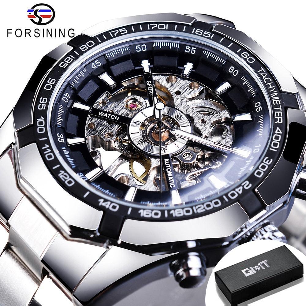 NEW - Luxury Mens Stainless Steel Skeleton Mechanical Waterproof Watch - The Jewellery Supermarket