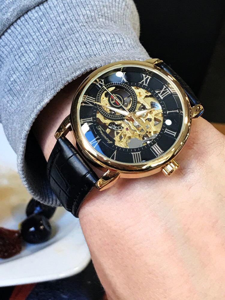 Luxury Men Gold Hollow Engraving Black Leather Skeleton Mechanical Watches - The Jewellery Supermarket