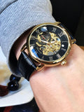 Luxury Men Gold Hollow Engraving Black Leather Skeleton Mechanical Watches - The Jewellery Supermarket