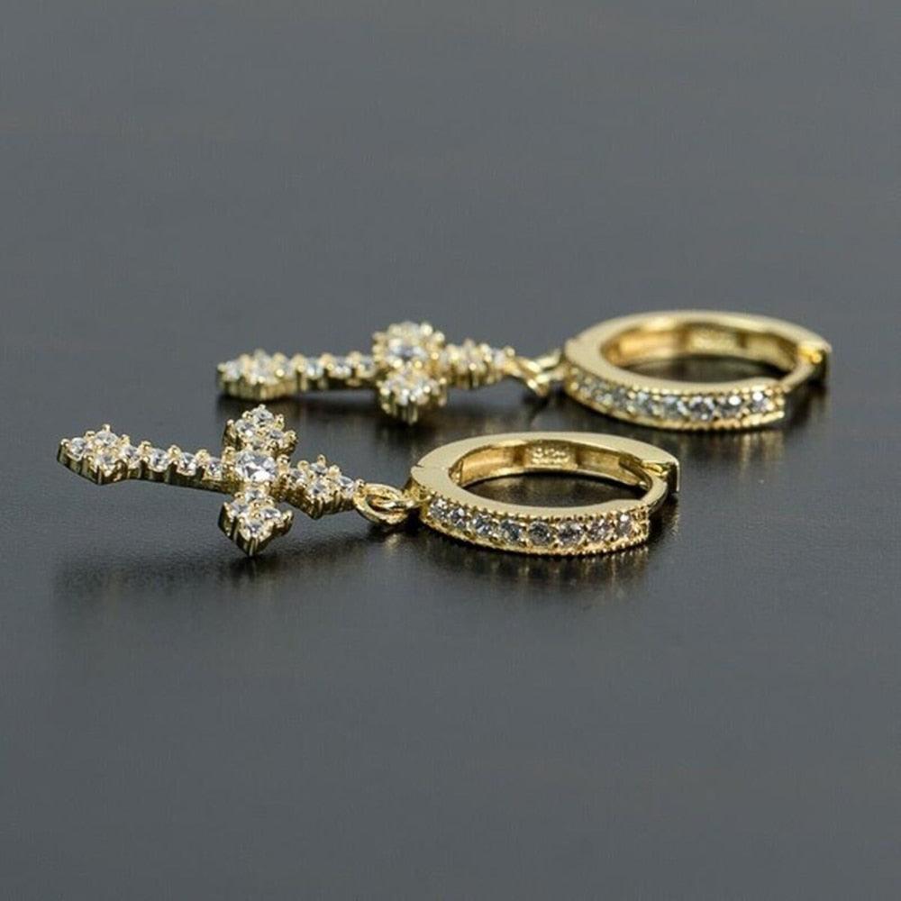 Stylish Christian Cross Drop Hoop Earrings Shiny AAA CZ Crystals High Quality Unisex Fashion Religious Jewellery - The Jewellery Supermarket