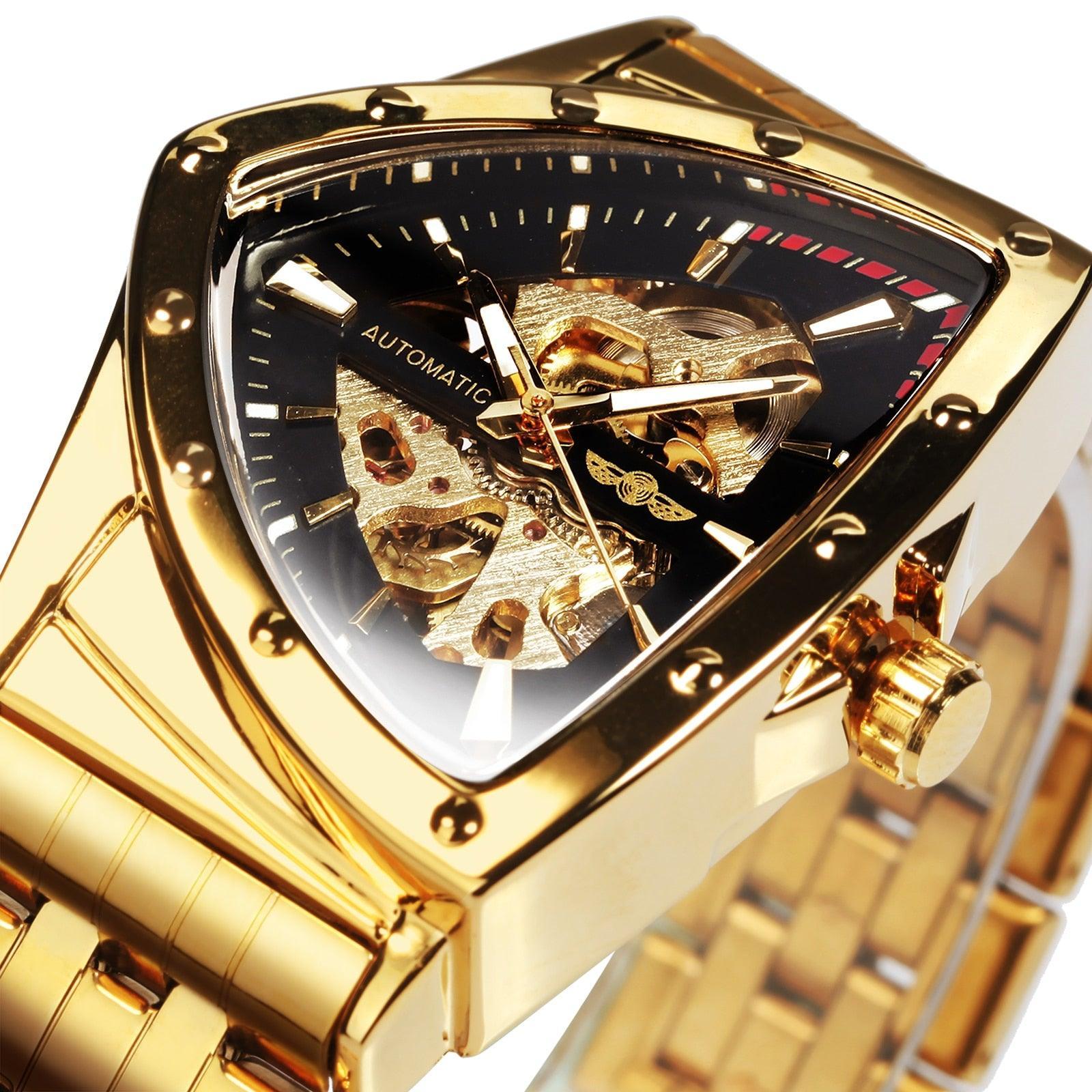 NEW - Luxury Men Gold Black Triangle Skeleton Automatic Mechanical Wristwatch Irregular Watch - The Jewellery Supermarket