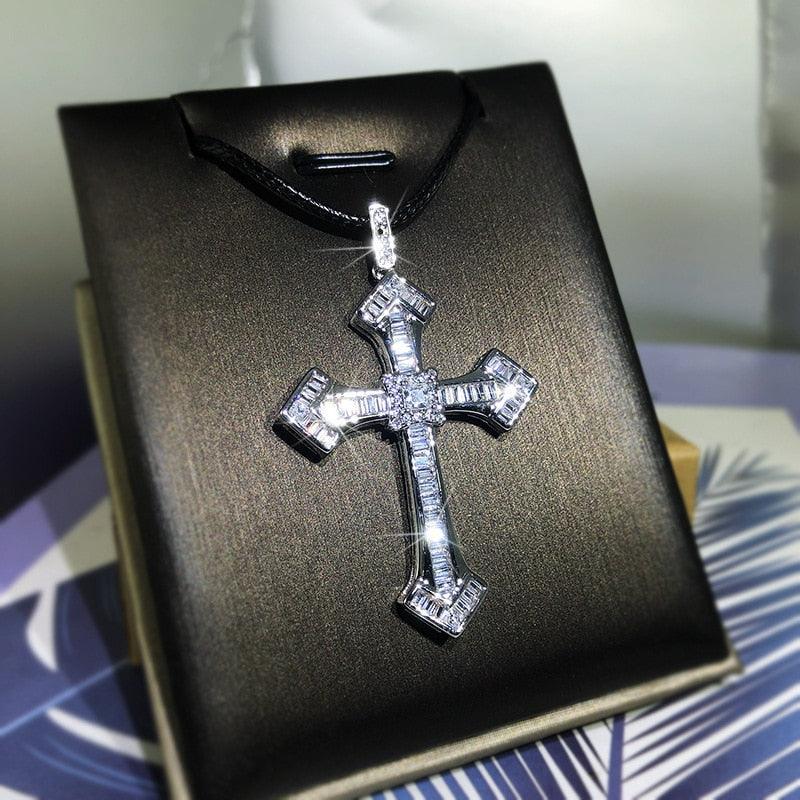 Classic Cross Micro-Inlaid Silver Colour Cross Fine White AAA+ Cubic Zirconia Diamonds Pendant Necklace - The Jewellery Supermarket
