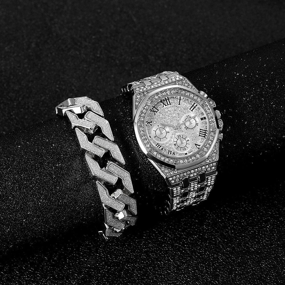 NEW Luxury Top Brand  2pcs Gold Colour Cuban Chain Male Bling Iced Out Wristwatch Bracelet for Men - The Jewellery Supermarket