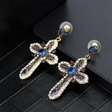Vintage Cross Long Dangle Earrings - Antique Gold Colour Resin Crystal Multicolor Religious Jewellery