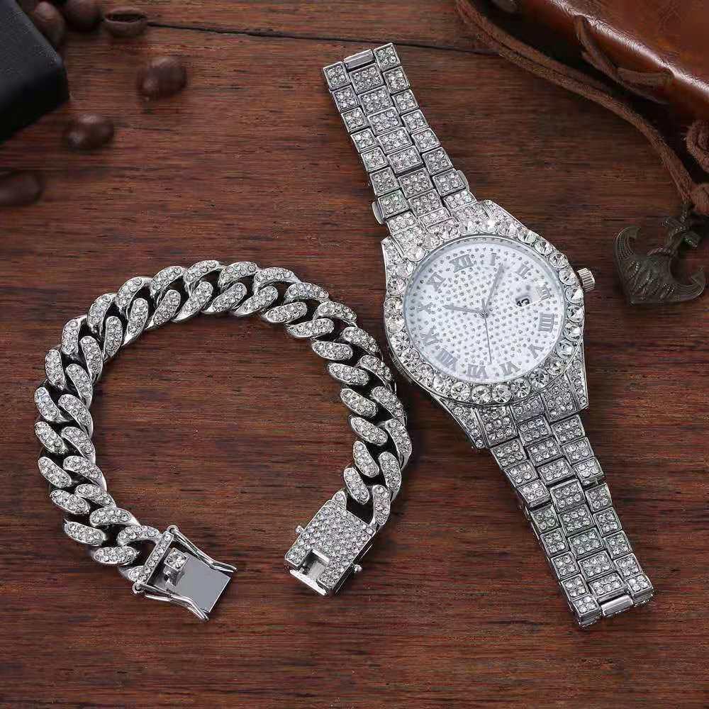 Attractive Full Iced Out Quartz Hip Hop Gold Colour Simulated Diamonds Bracelet + Watches Set for Men - The Jewellery Supermarket