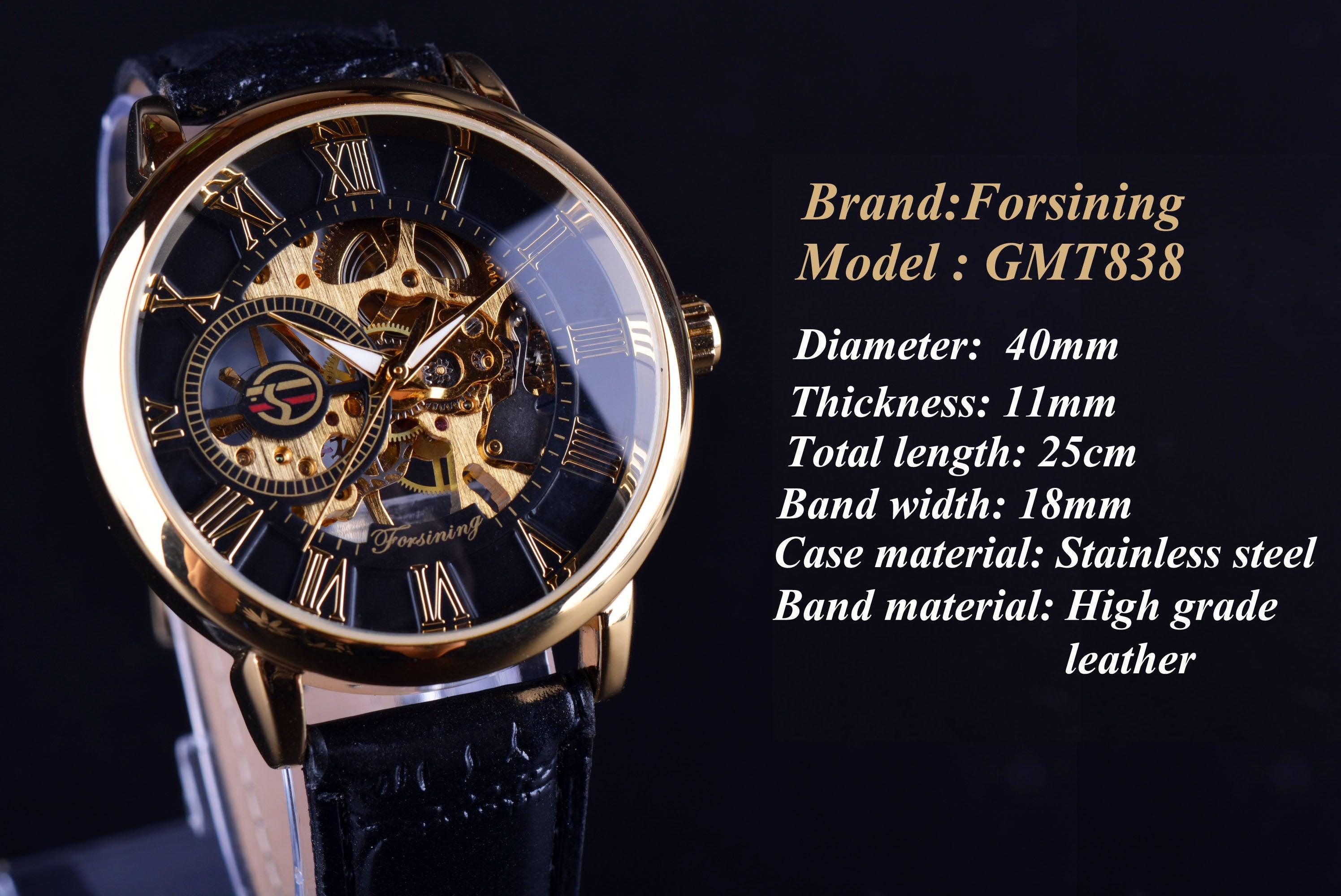 NEW - Luxury Men Gold Hollow Engraving Black Leather Skeleton Mechanical Watches - The Jewellery Supermarket