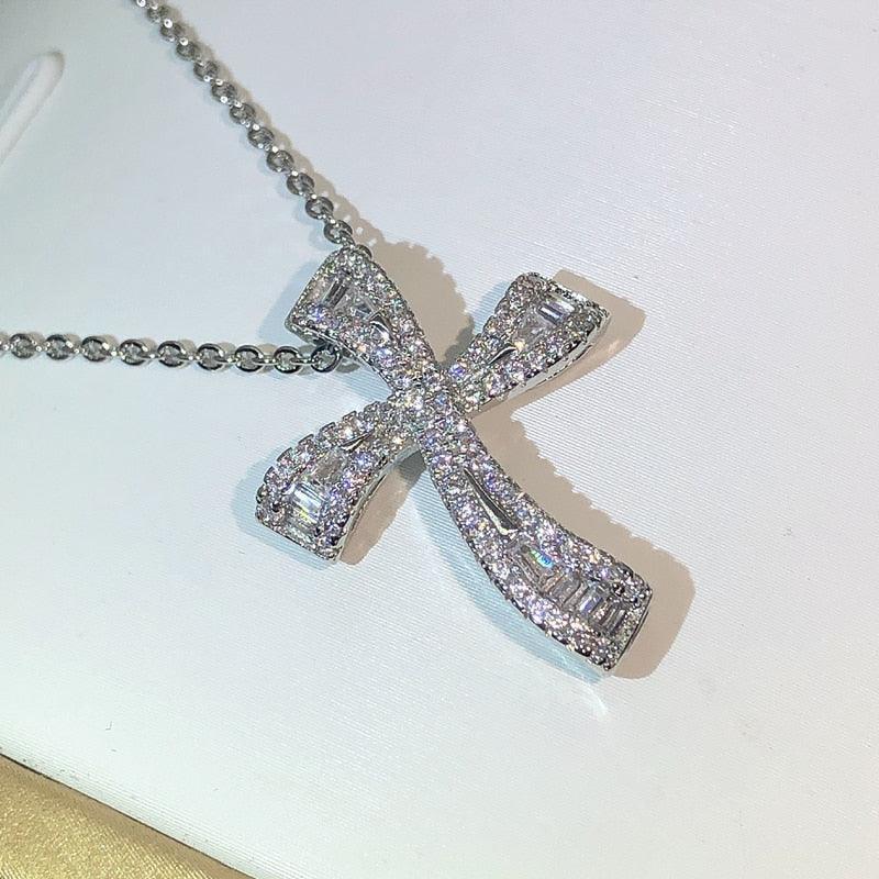 Classic Handmade Big Cross 925 Sterling Silver AAA+ Cubic Zirconia Diamonds Vintage Pendant Necklace - The Jewellery Supermarket
