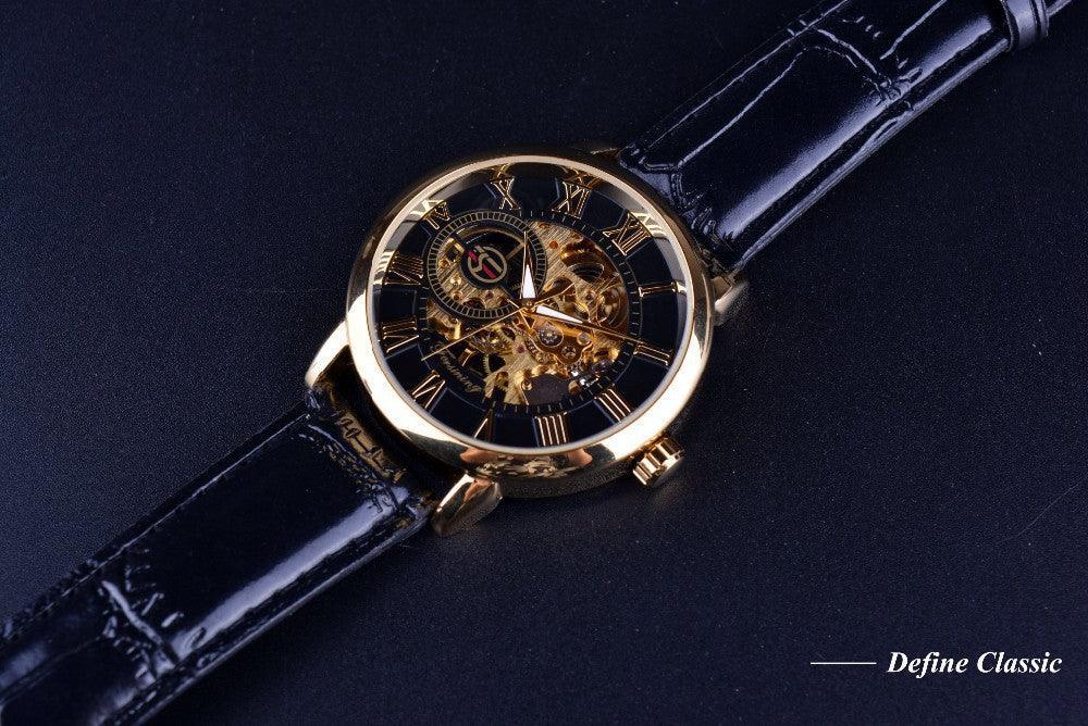 NEW - Luxury Men Gold Hollow Engraving Black Leather Skeleton Mechanical Watches - The Jewellery Supermarket