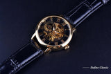 NEW - Luxury Men Gold Hollow Engraving Black Leather Skeleton Mechanical Watches - The Jewellery Supermarket