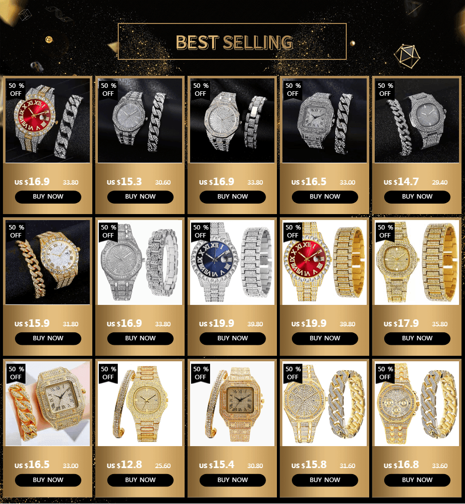 NEW Luxury Top Brand  2pcs Gold Colour Cuban Chain Male Bling Iced Out Wristwatch Bracelet for Men - The Jewellery Supermarket