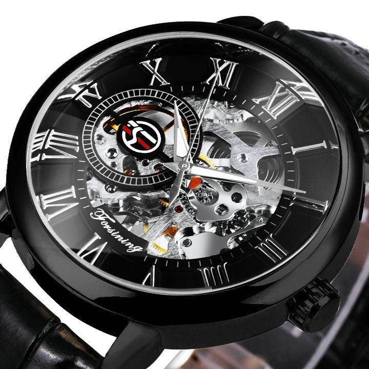 NEW - Luxury Mens Gold Mechanical Skeleton Leather Forsining 3d Hollow Watch - The Jewellery Supermarket