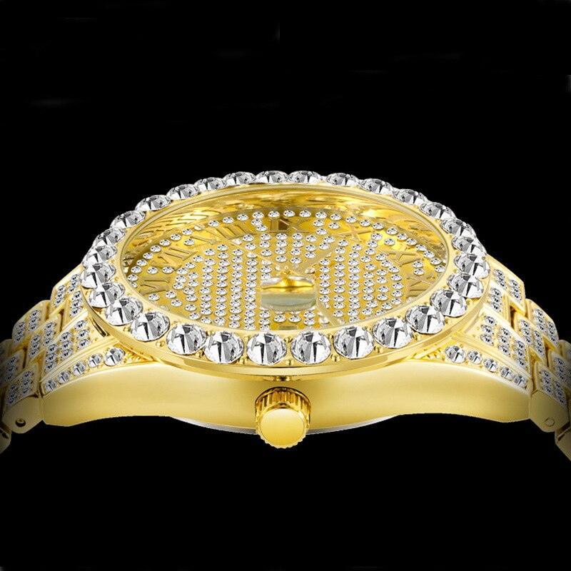 Attractive Full Iced Out Quartz Hip Hop Gold Colour Simulated Diamonds Bracelet + Watches Set for Men - The Jewellery Supermarket