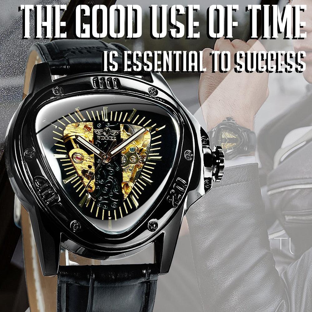 NEW - Men Golden Triangle Skeleton Mechanical Automatic Sport Watch - The Jewellery Supermarket