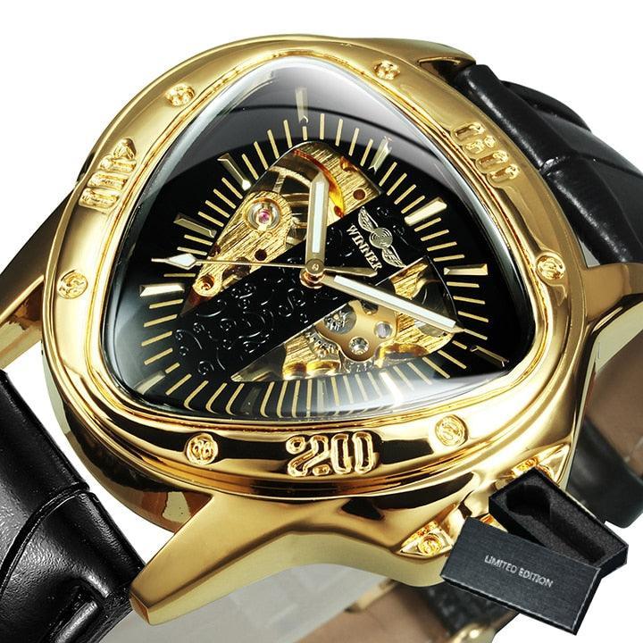 NEW - Men Golden Triangle Skeleton Mechanical Automatic Sport Watch - The Jewellery Supermarket