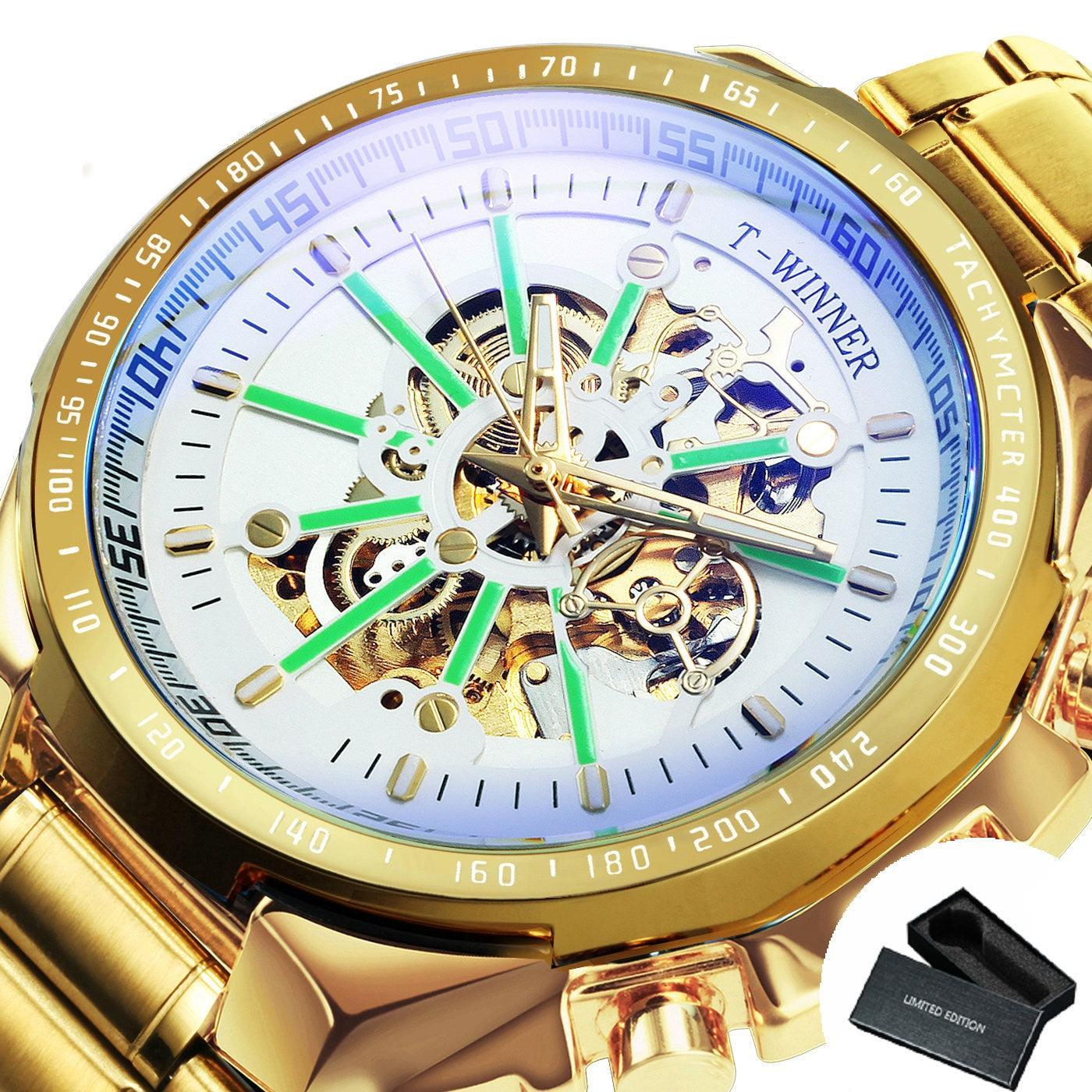 NEW - Luxury Men Gold Skeleton Luminous Military Automatic Mechanical Waterproof Watch - The Jewellery Supermarket