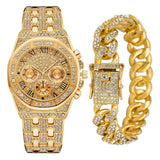 NEW Luxury Top Brand  2pcs Gold Colour Cuban Chain Male Bling Iced Out Wristwatch Bracelet for Men - The Jewellery Supermarket