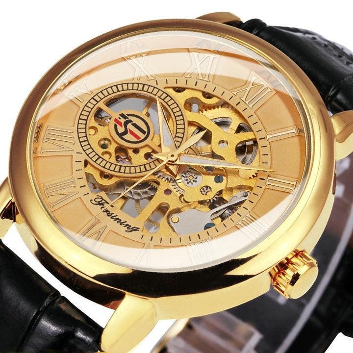 NEW - Luxury Mens Gold Mechanical Skeleton Leather Forsining 3d Hollow Watch - The Jewellery Supermarket