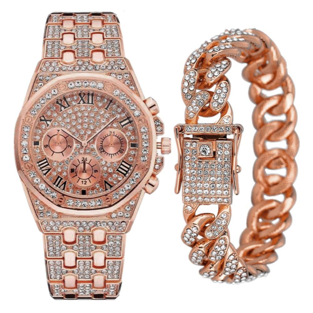 NEW Luxury Top Brand  2pcs Gold Colour Cuban Chain Male Bling Iced Out Wristwatch Bracelet for Men - The Jewellery Supermarket