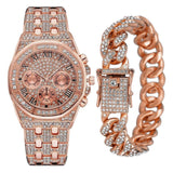 NEW Luxury Top Brand  2pcs Gold Colour Cuban Chain Male Bling Iced Out Wristwatch Bracelet for Men - The Jewellery Supermarket