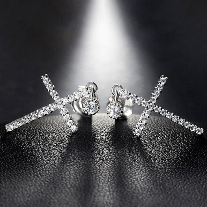 BEST GIFTS - Luxury Inlay AAA+ Cubic Zirconia Diamonds Delicate Silver Color Cross Earrings - The Jewellery Supermarket