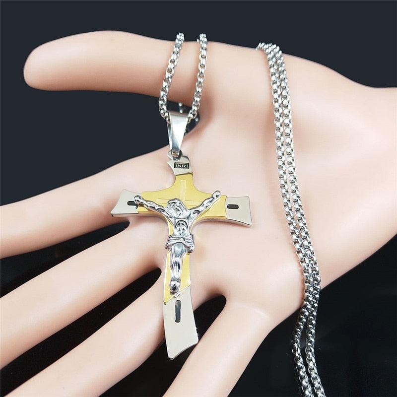 Gold Silver Color Stainless Steel Multilayer Big Long Cross Jesus Pendant Necklace for Women/Men Jewellery  - The Jewellery Supermarket
