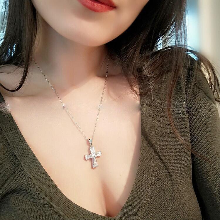 Charming Silver Colour Luxury Women White Crystal Pendant Necklace - Cute Cross Religious Necklace - The Jewellery Supermarket