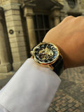 NEW - Luxury Men Gold Hollow Engraving Black Leather Skeleton Mechanical Watches - The Jewellery Supermarket