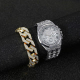 NEW Luxury Top Brand  2pcs Gold Colour Cuban Chain Male Bling Iced Out Wristwatch Bracelet for Men - The Jewellery Supermarket