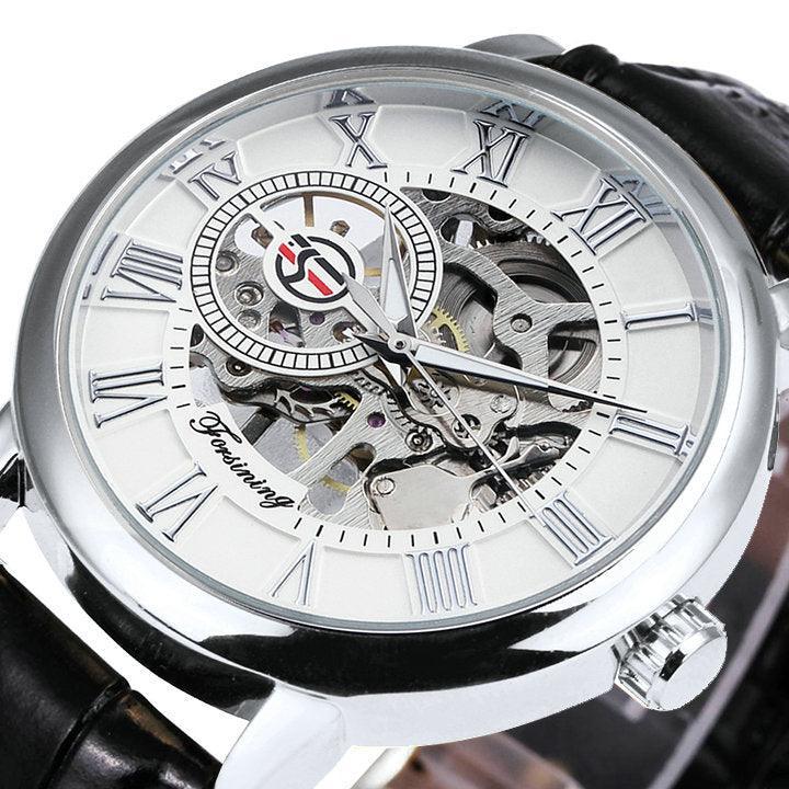 NEW - Luxury Mens Gold Mechanical Skeleton Leather Forsining 3d Hollow Watch - The Jewellery Supermarket