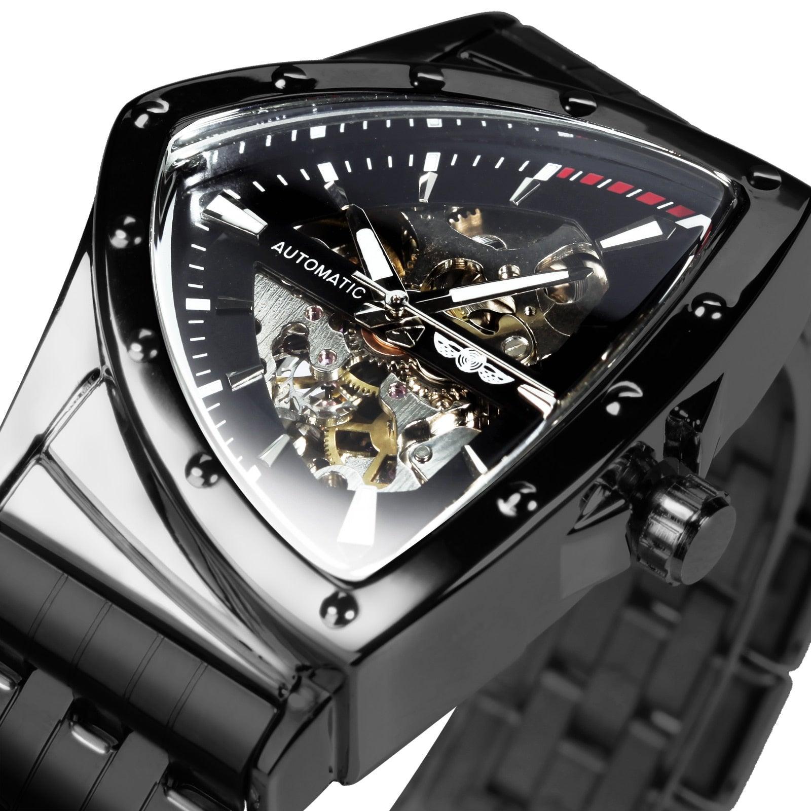 NEW - Luxury Men Gold Black Triangle Skeleton Automatic Mechanical Wristwatch Irregular Watch - The Jewellery Supermarket