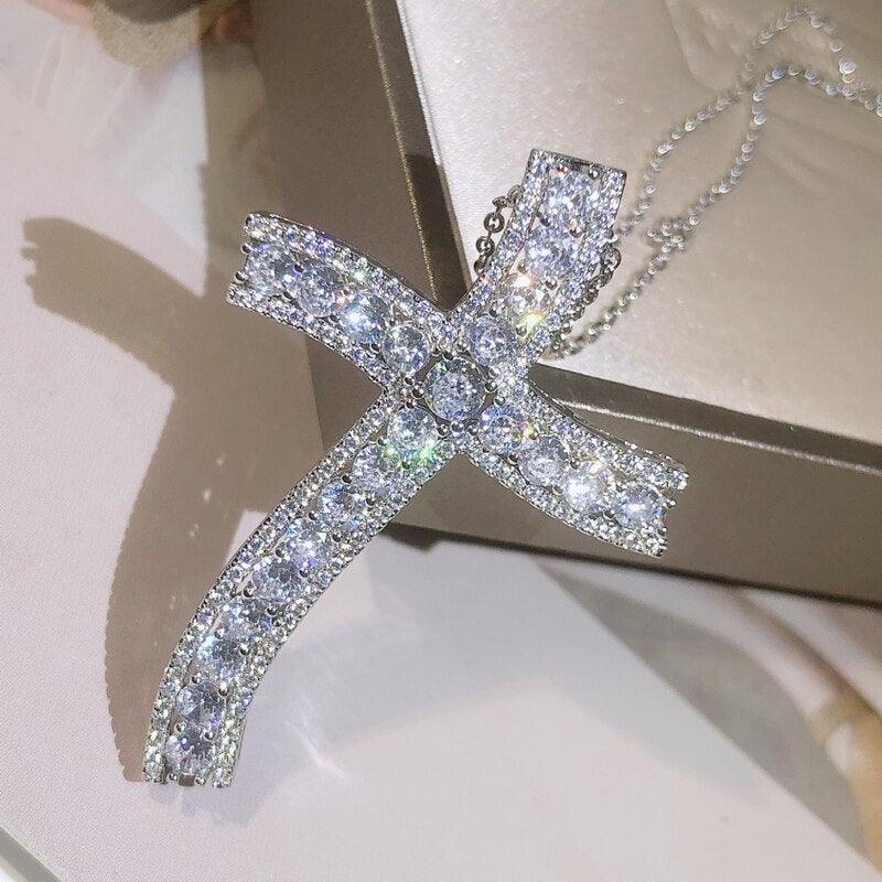 Luxury 925 Silver Cross Pendant With AAA+ Zircon Diamonds Long Religious Statement Necklace - The Jewellery Supermarket