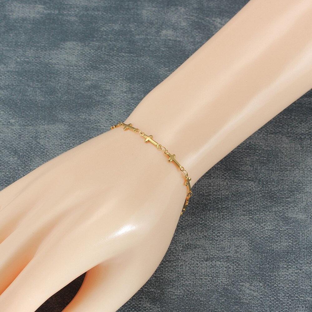 Best Seller - Stainless Steel Cross Chain Bracelets - Charming Gold Silver Colour Religious Fashion Jewellery - The Jewellery Supermarket