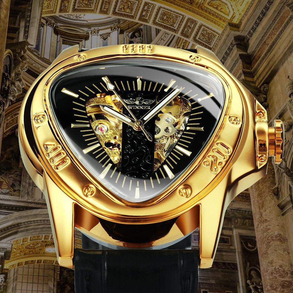 NEW - Men Golden Triangle Skeleton Mechanical Automatic Sport Watch - The Jewellery Supermarket