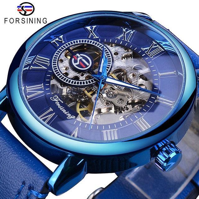 Luxury Men Gold Hollow Engraving Black Leather Skeleton Mechanical Watches - The Jewellery Supermarket