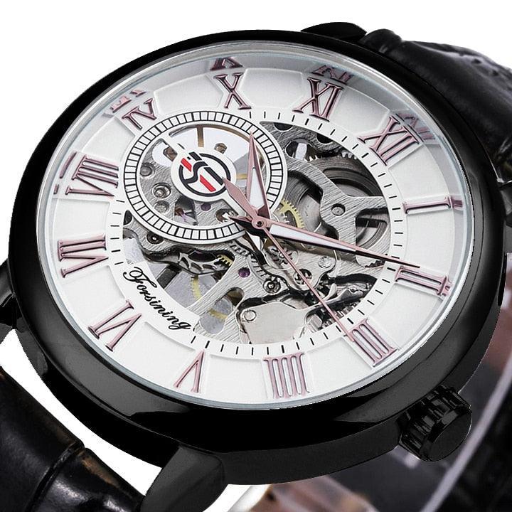 NEW - Luxury Mens Gold Mechanical Skeleton Leather Forsining 3d Hollow Watch - The Jewellery Supermarket