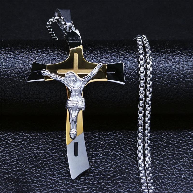 Gold Silver Color Stainless Steel Multilayer Big Long Cross Jesus Pendant Necklace for Women/Men Jewellery  - The Jewellery Supermarket