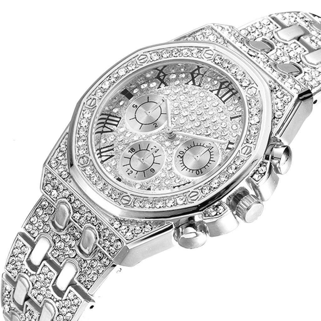 NEW Luxury Top Brand  2pcs Gold Colour Cuban Chain Male Bling Iced Out Wristwatch Bracelet for Men - The Jewellery Supermarket